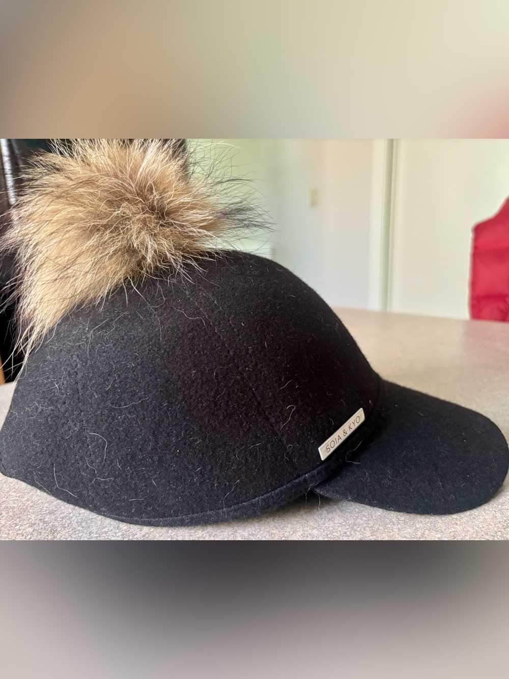 SOIA & KYO Wool Felt Baseball Cap / Hat with Fur Pom-Pom - Black (O/S)